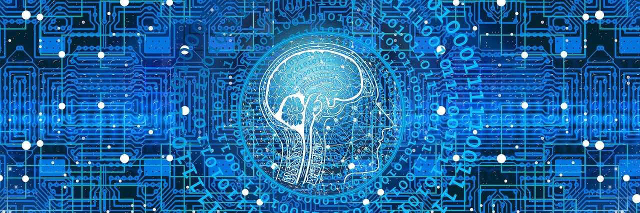 Blue image depicting artificial intelligence with digital coding graphics surrounding a white drawing of a human brain