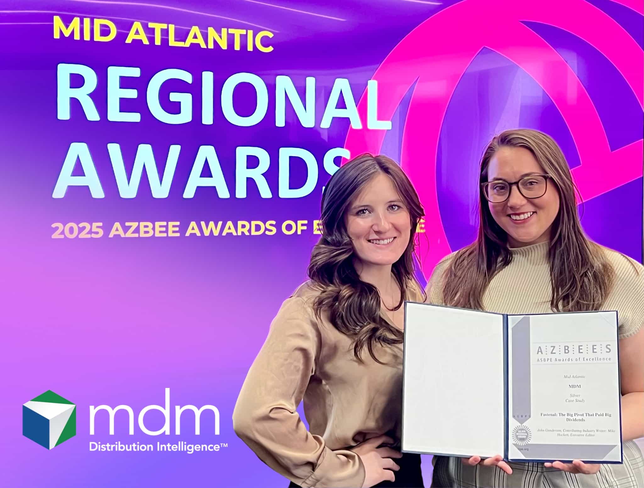 Left to right) MDM Associate Editor Anna Debiec and Senior Editor Vesna Brajkovic accept the 2025 ASBPE Silver Regional Azbee Award on behalf of MDM during an awards ceremony held at the National Association of Wholesaler-Distributors headquarters in D.C.