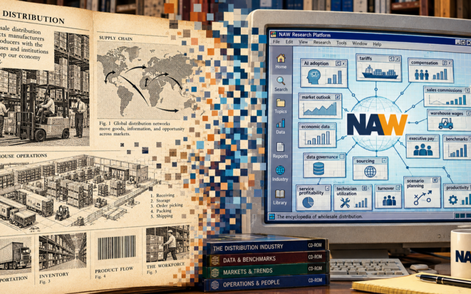 Stylized graphic of a newspapers and computer monitor merging with one another.
